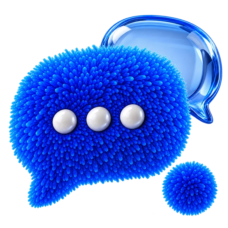 A richly textured blue speech bubble with white dots beside a translucent blue glass bubble